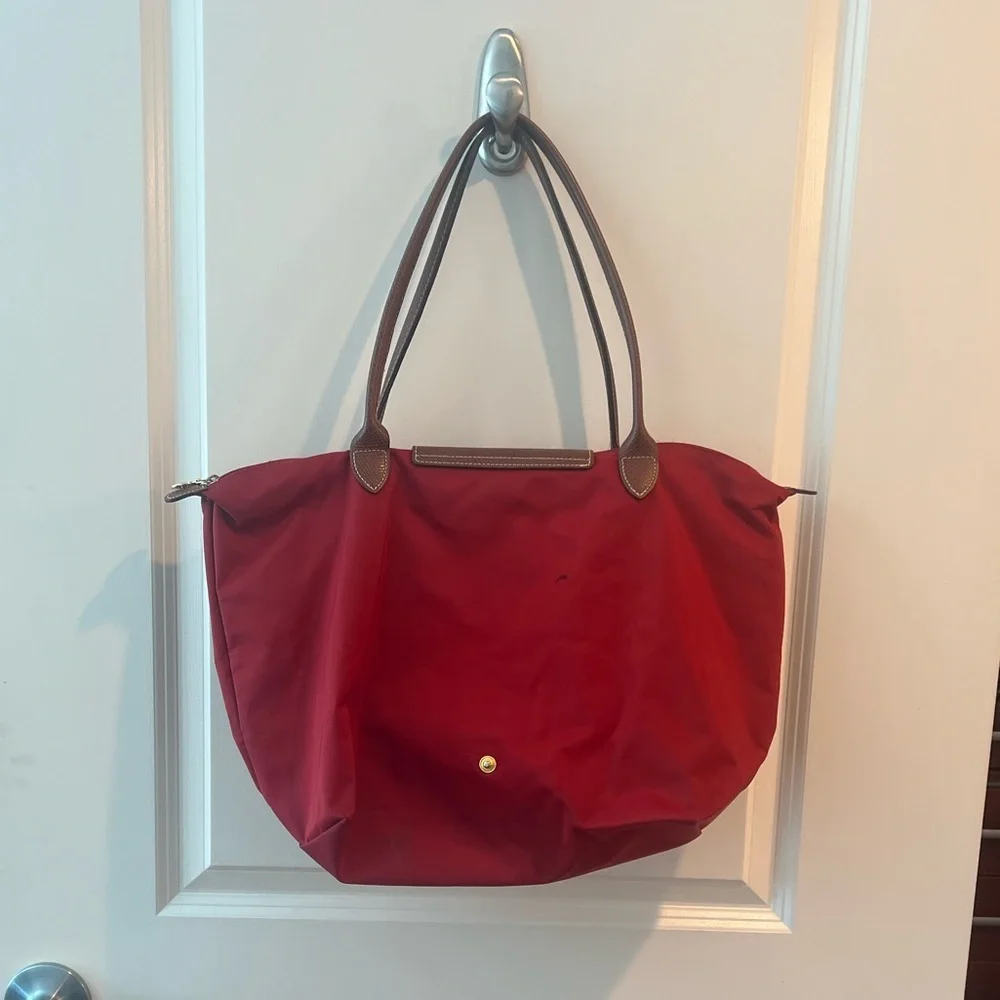 Longchamp Nylon Tote in Red with Brown Trim